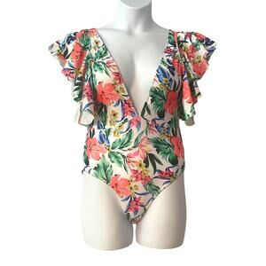 3/$20 One Piece Swimsuit Sz S 4 Sexy Deep V-neck Open Back Tropical Ruffled New